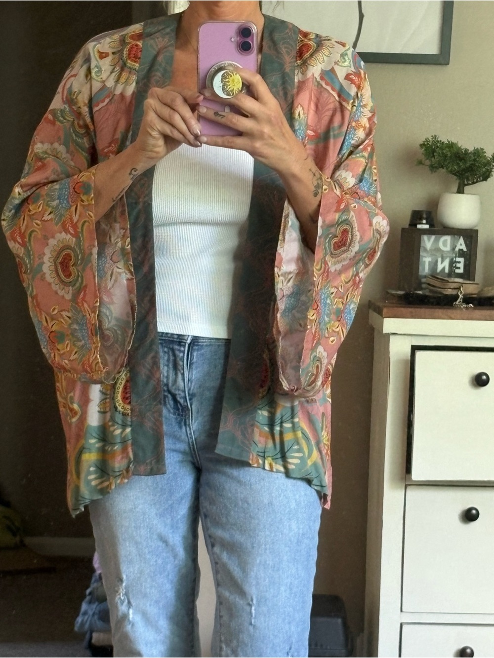 Sheer Boho Floral Kimono in Peach & Sage